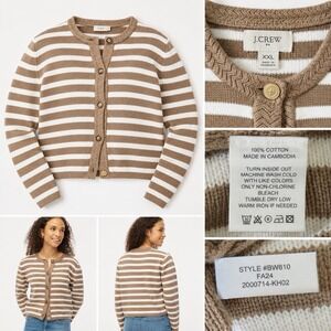 JCrew Womens Cotton Stripe Cardigan Brown Ivory Quiet Luxury Coastal Sweater XXL